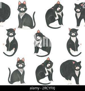 Watercolor illustration of black cats seamless pattern on white background Stock Photo