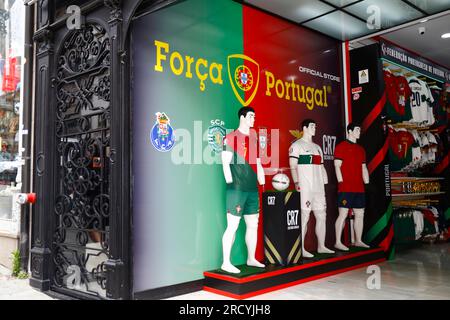 Mannequins of famous Portuguese footballer Cristiano Ronaldo in entrance of Força Portugal offical store, Porto / Oporto, Portugal Stock Photo