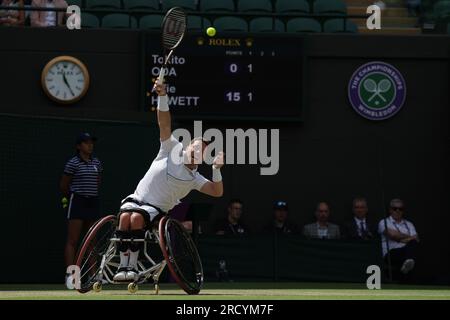 16th July 2023; All England Lawn Tennis and Croquet Club, London, England: Wimbledon Tennis Tournament; Alfie&#xa0;Hewett (GBR) serves to Tokito&#xa0;Oda (JPN), mens wheelchair singles final Stock Photo