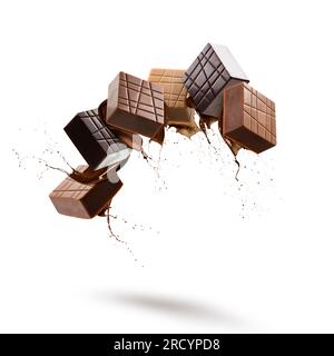 Assorted chocolate pralines floating with melted chocolate splash on white background Stock Photo