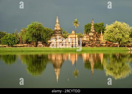 Ancient city and culture of south Asia Thailand, Sukothai historical park Wat Sa Si Stock Photo