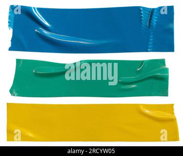 Blue, green and yellow plastic electrical tape on white background with clipping path Stock Photo