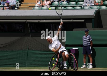 16th July 2023; All England Lawn Tennis and Croquet Club, London, England: Wimbledon Tennis Tournament; Tokito&#xa0;Oda (JPN) serves to Alfie&#xa0;Hewett (GBR), mens singles wheelchair final Stock Photo