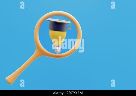 Academic graduation cap on a light bulb in a magnifying glass. 3d rendering Stock Photo
