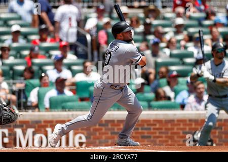 Chicago White Sox third baseman Jake Burger (30) hits a two-run home run in the second inning during a MLB regular season game between the Chicago Whi Stock Photo