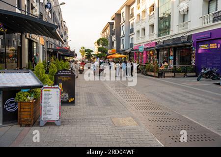 Fethiye, Turkey - June 9, 2023: Street of old town Fethiye with cafes and small shops, Turkey Stock Photo