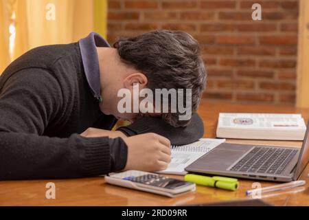 Frustrated student, studying in front of a laptop. Stock Photo
