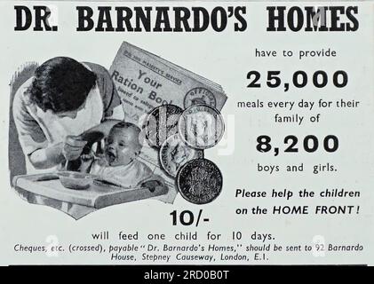 A1941 wartime advertisement seeking donations for Dr Barnardo’s Homes. The advertisement features a woman feeding a young baby against the background of a wartime ration book and various coins. The advertisement states that Dr Barnardos have to provide 25000 meals every day for their family of 8200 boys and girls. !0 shillings will feed one child for 10 days. Stock Photo