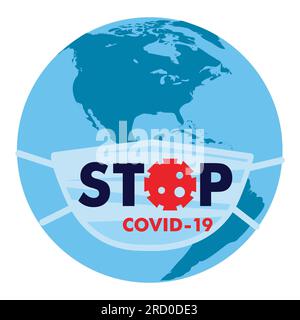 medical protective mask with the text Stop Coranovirus Covid worn on a globe with a map of America Vector, illustration, isolate, on a black backgroun Stock Photo