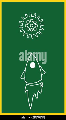 Flying rocket with coronovirus on a school board, vector illustration. The beginning of distance learning at schools, colleges, institutes. Vertical f Stock Photo