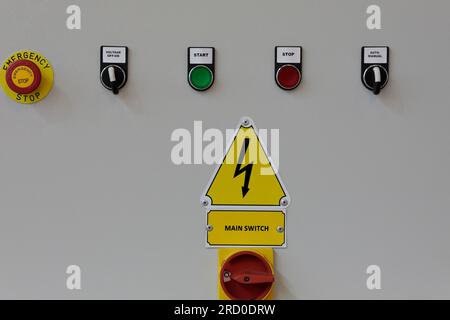 Electrical control panel of industrial machine close up. Selective focus. Stock Photo