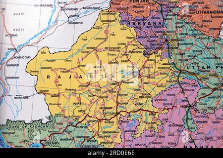 north india map with rajasthan state borders,punjab, haryana in close u Stock Photo