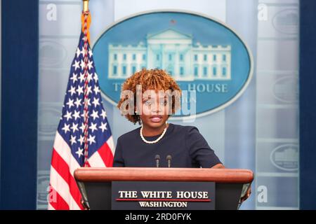 Washington, United States Of America. 17th July, 2023. White House Press Secretary Karine Jean-Pierre speaks at the daily news briefing at the White House on July 17, 2023 in Washington, DC. Jean-Pierre spoke on news that Russia has refused to extend a U.N-backed deal that permitted Ukraine to continue to export grain and other food during the ongoing war. Credit: Brazil Photo Press/Alamy Live News Stock Photo
