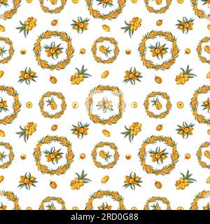 Branches with sea buckthorn berries. Seamless pattern. watercolor hand drawn illustration. On a white background. For cosmetology, pharmaceuticals, fo Stock Photo