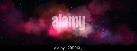 Realistic night sky with pink clouds. Vector illustration of magic sparkling stars scattered in dark space, colorful gradient mist flying in air, glitter powder splash. Abstract fantasy universe Stock Vector