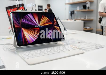 Apple Computer iPad Pro with Apple Magic Keyboard is installed at Apple Store for customers to view and trial. Minsk, Belarus, July 17, 202 Stock Photo