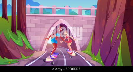 Girl skater together on tunnel road cartoon illustration. Female teen character ride skate on asphalt mountain highway traffic in forest overpass stone arch pathway. Friends on route with board scene Stock Vector