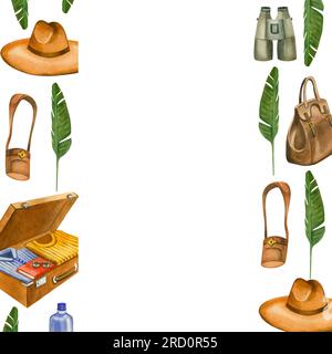 The rectangular frame on a white background. Suitcase with things, travel bag, sun hat, sunglasses, palm branches hand-drawn in watercolor on a white Stock Photo