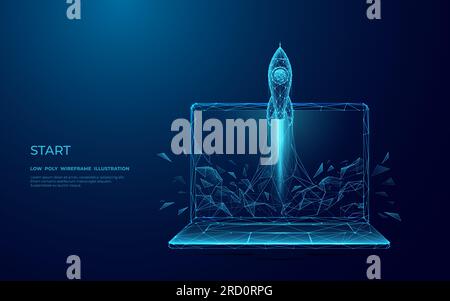 Abstract Rocket Takes off From the Laptop Screen. Spaceship Launch. Stock Vector