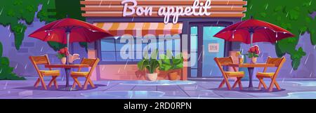 City street cafe on rainy day. Vector cartoon illustration of cafeteria facade with furniture outdoors, tables and chairs under wet umbrellas, water puddles on pavement. Urban bistro exterior design Stock Vector