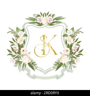 SK, KS initial wedding crest logo monogram. Wedding crest with eucalyptus leaves, pink, cream and white flowers. Stock Vector