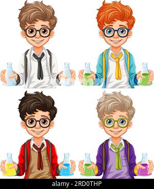 Male student cartoon holding conical flask on science class experiment illustration Stock Vector