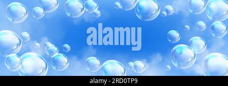 Light soap bubbles flying in blue sky. Abstract background with transparent iridescent balloons floating in air with soft white clouds, vector realistic illustration Stock Vector