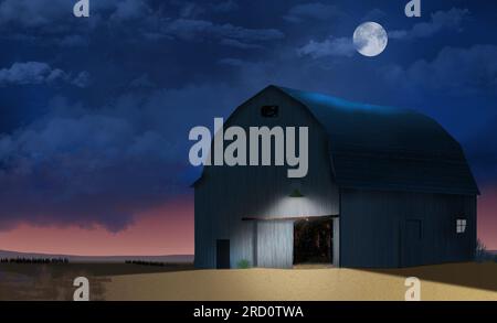 A rustic vintage farm barn is seen at night with a full moon above and roiling dark clouds moivng across the sky behind in this 3-d illustration. Stock Photo