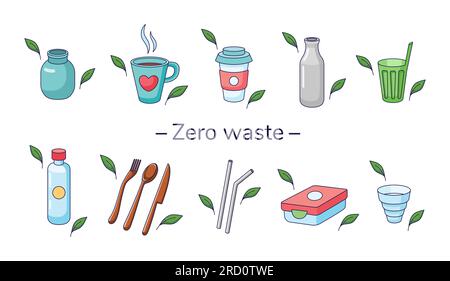 Set of eco friendly tableware items - glass jar, reusable coffee cup, wooden cutlery, lunch box, metal drinking straws, folding cup. Zero waste concept. Vector illustration in cartoon style Stock Vector