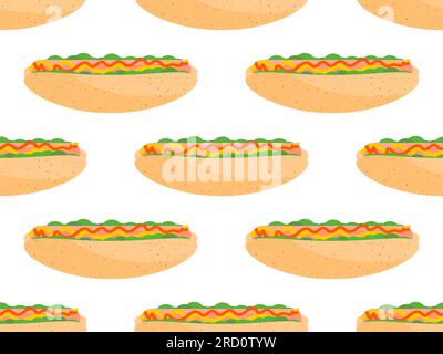 Hot dog seamless pattern. Sausage in a bun with ketchup and mustard. National Hot Dog Day. Hot dog is a popular fast food. Design for banners, posters Stock Vector
