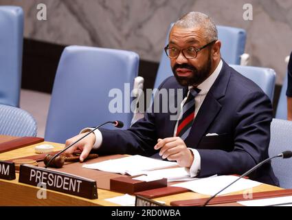 New York, United States. 17th July, 2023. British Foreign Secretary James Cleverly speaks speaks at a Security Council meeting addressing the Russia and Ukraine conflict at the United Nations in New York City on Thursday, July 17, 2023. Russia said Monday it had terminated an agreement allowing Ukraine to ship out grain from its ports in the Black Sea. Photo by John Angelillo/UPI Credit: UPI/Alamy Live News Stock Photo