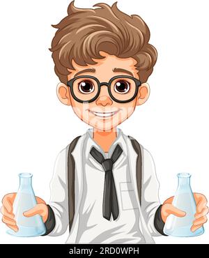 Male student cartoon holding conical flask on science class experiment illustration Stock Vector