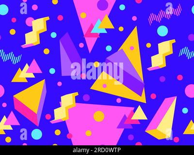 3D geometric seamless pattern in 80s style. 3d isometric triangles, zigzags and circles. Geometric memphis style. Design for promotional products, wra Stock Vector