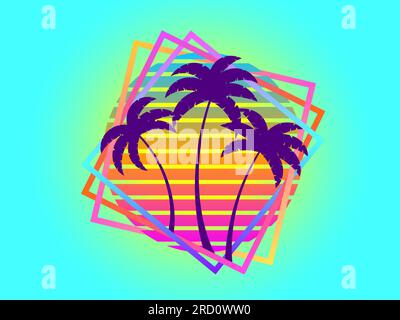 Retro sci-fi palm trees from the 80s at sunset in a square frame. Retro futuristic sun with palm trees. Synthwave and Retrowave style. Design of adver Stock Vector
