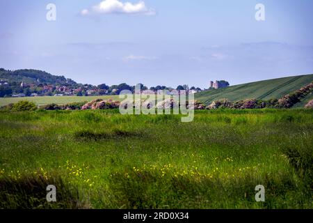 View of the countryside around Rodmell, East Sussex, England, in spring, with Lewes castle in the background Stock Photo