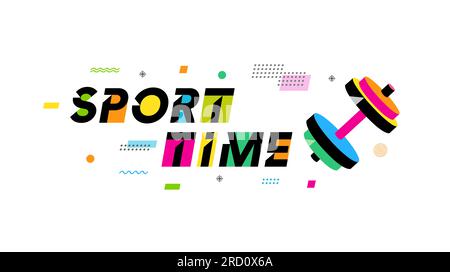 Sport time creative concept with colored dumbbell and memphis background. Vector illustration for fit gym sport design or bodybuilder symbol Stock Vector
