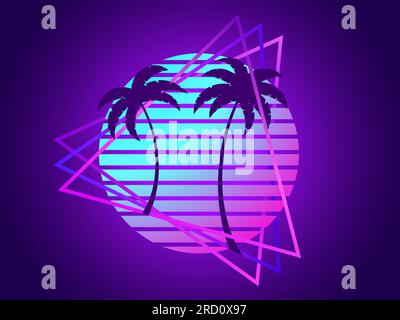 80s retro sci-fi palm trees on a sunset in triangular frame. Retro futuristic sun with palm trees. Synthwave and retrowave style. Design for advertisi Stock Vector
