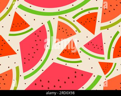 Seamless pattern with watermelon slices, modern style. Watermelon with seeds. Tropical summer background. Design for wallpaper, print on paper, advert Stock Vector