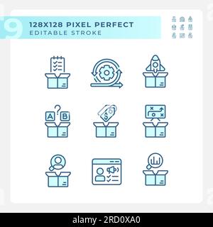 Editable pixel perfect blue product management icons Stock Vector