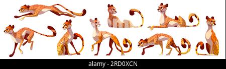 Cartoon zoo cheetah jumping and running vector set. Isolated africa animal standing, sitting, stealing and jump graphic character collection. Jungle jaguar long tail drawing in different pose png kit Stock Vector