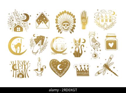 Witch gold stickers set, vintage magic boho tattoos, halloween design elements, skull, cat, fortune teller hand with tarot cards. Vector hand drawn il Stock Vector
