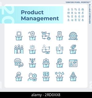 Editable pixel perfect blue product management icons set Stock Vector