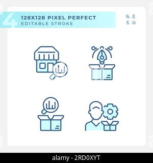 Pixel perfect blue product management icons set Stock Vector