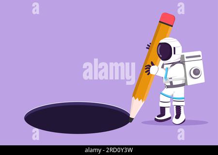 Cartoon flat style drawing young astronaut making circle of hole with big pencil in moon surface. Failure or defeat spaceman at galaxy. Cosmonaut deep Stock Photo