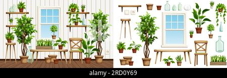 Room interior with lots of plants. Green houseplants in interior. Urban jungle interior design. Furniture set. Interior constructor. Cartoon vector Stock Vector