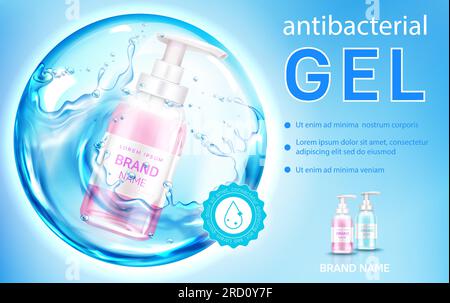 Antibacterial gel, liquid antiseptic soap banner mock up. Pump bottle inside of splashing water sphere, lather container for bath or toilet room on blue background, Realistic 3d vector illustration Stock Vector