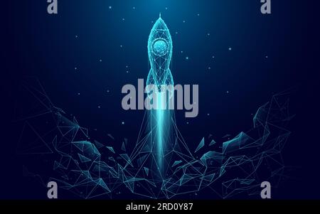 Abstract Rocket Launch. Digital Spaceship Flying Up Into Outer Space. Stock Vector