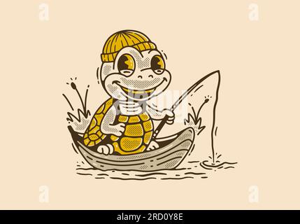 Mascot character illustration of the turtle fishing on the boat, in vintage style Stock Vector
