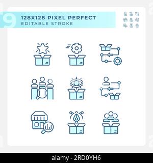 Set of editable pixel perfect blue product management icons Stock Vector