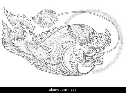 Lai Thai or Line Thai carp fish isolate background. Traditional Thai fish tattoo., Line Thai is Thailand Style and Tattoo design Stock Vector